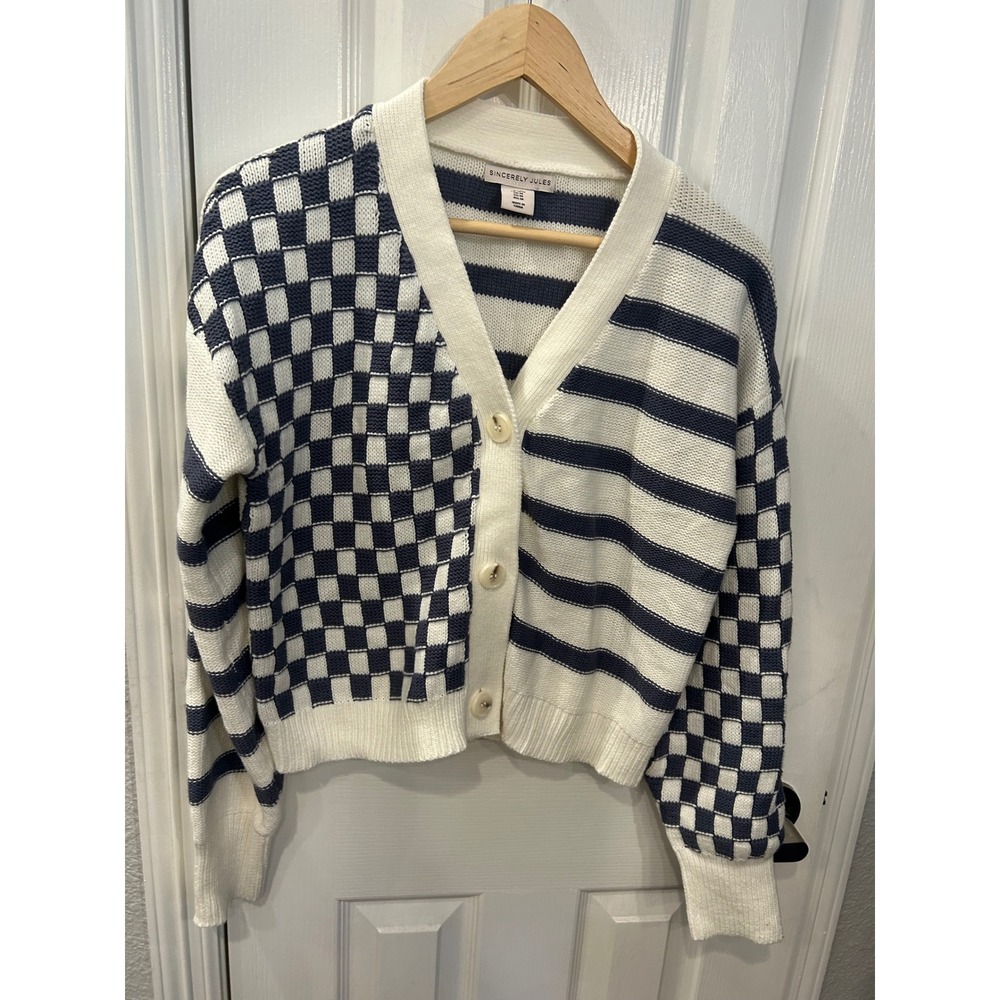 Sincerely Jules Cardigan Navy White Checkerboard‎ Stripe Knit Sweater